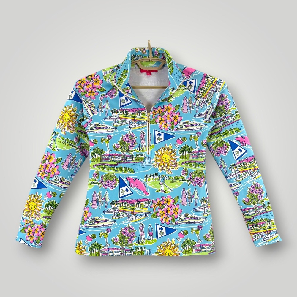 Kaeli Smith Golf Shirt Womens XS Multicolor Tropical Print 1/2 Zip Long Sleeve